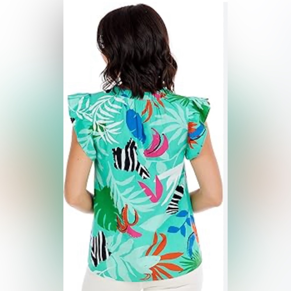 EUC Mud Pie Green Cotton Tropical Ruffled Cap Sleeve Blouse Sz L - Picture 2 of 6